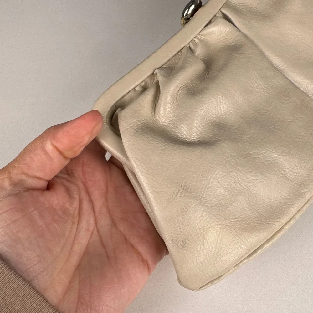 Vintage Cream Slouchy Frame Clutch Bag Evening‎ Pouch Off-White Silver B72Q